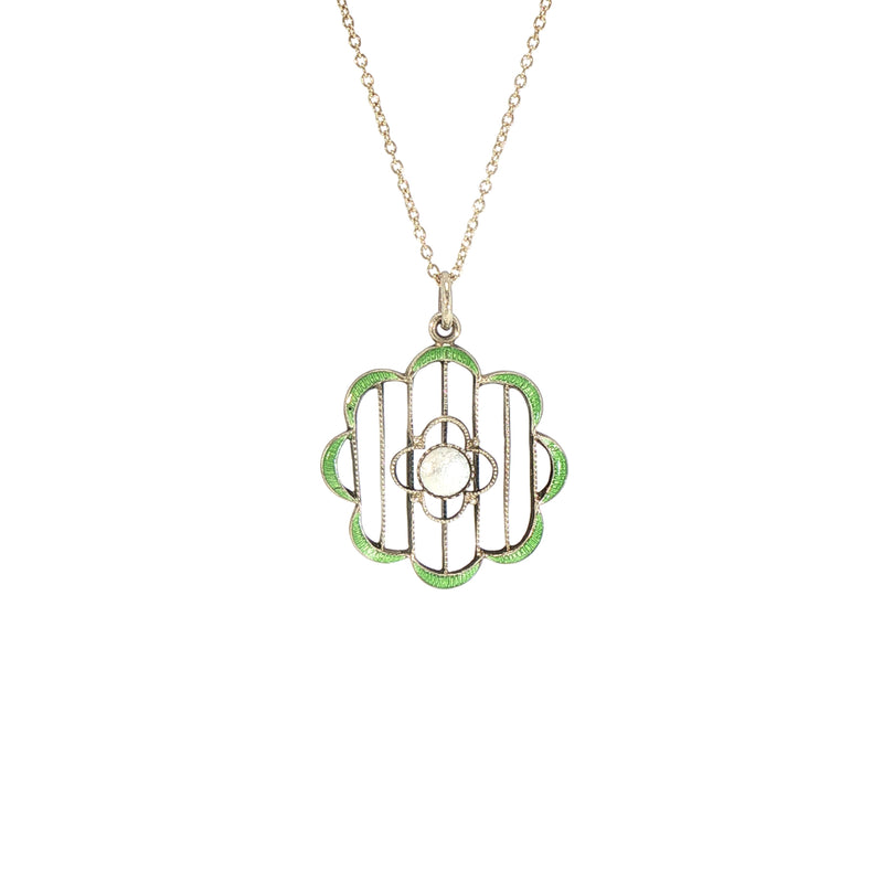Vintage Green Enamel Mother of Pearl Flower Pendant in 9ct Yellow Gold