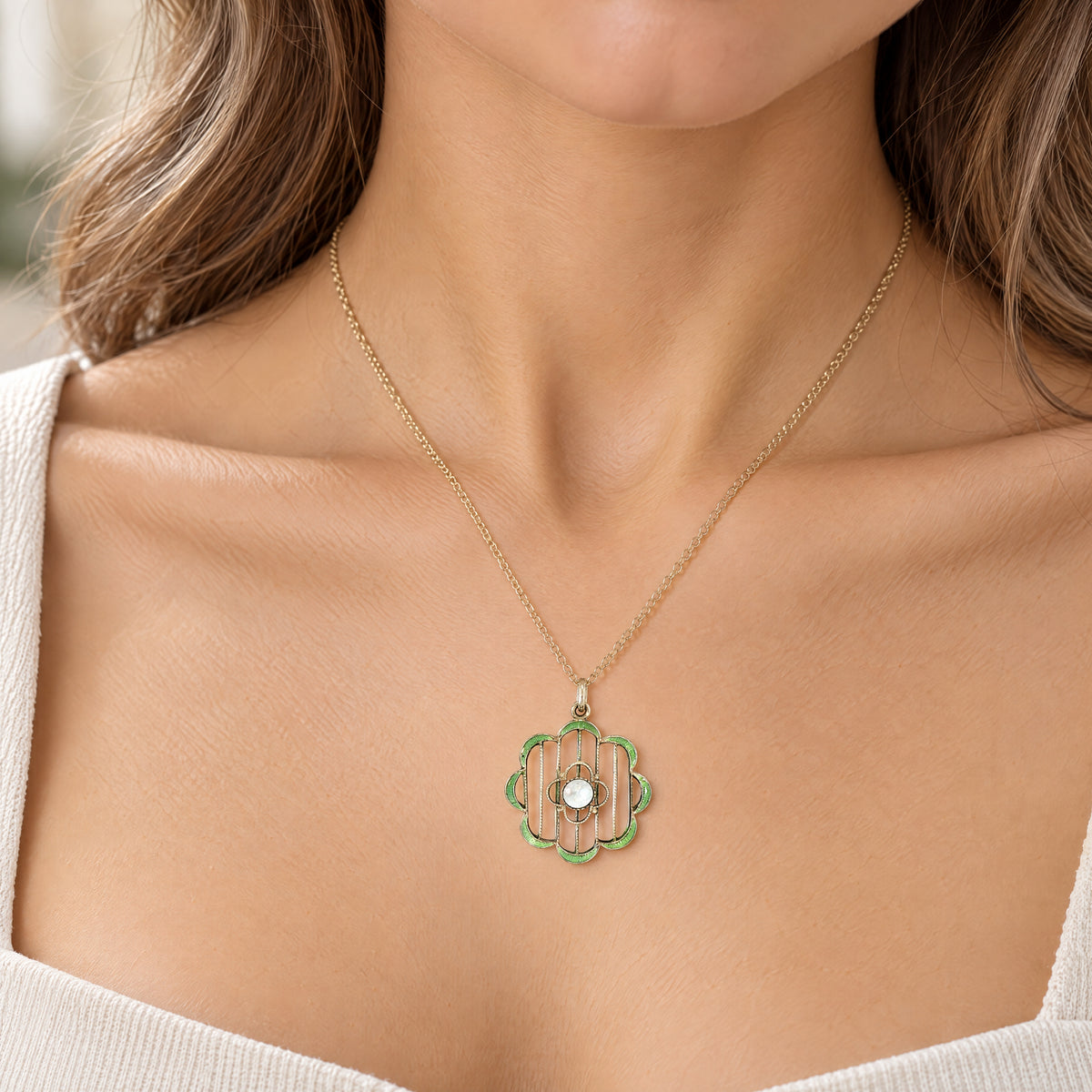 Vintage Green Enamel Mother of Pearl Flower Pendant in 9ct Yellow Gold