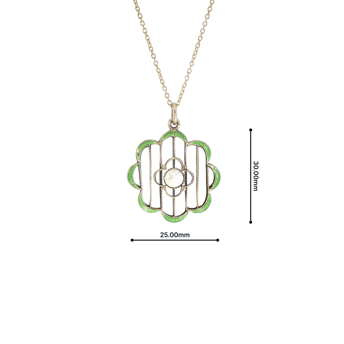 Vintage Green Enamel Mother of Pearl Flower Pendant in 9ct Yellow Gold