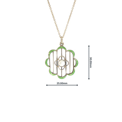 Vintage Green Enamel Mother of Pearl Flower Pendant in 9ct Yellow Gold