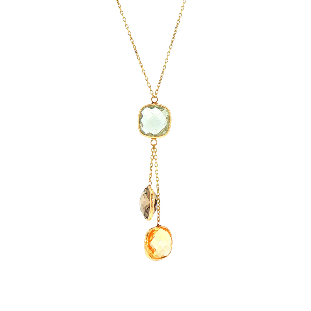 Green Amethyst, Smokey Quartz and Citrine Drop Necklace in 14ct Yellow Gold