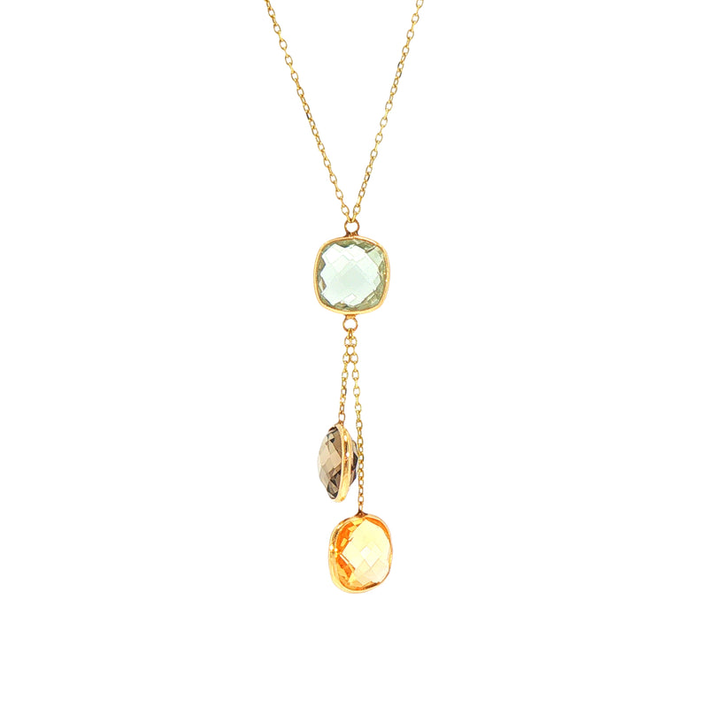 Green Amethyst, Smokey Quartz and Citrine Drop Necklace in 14ct Yellow Gold