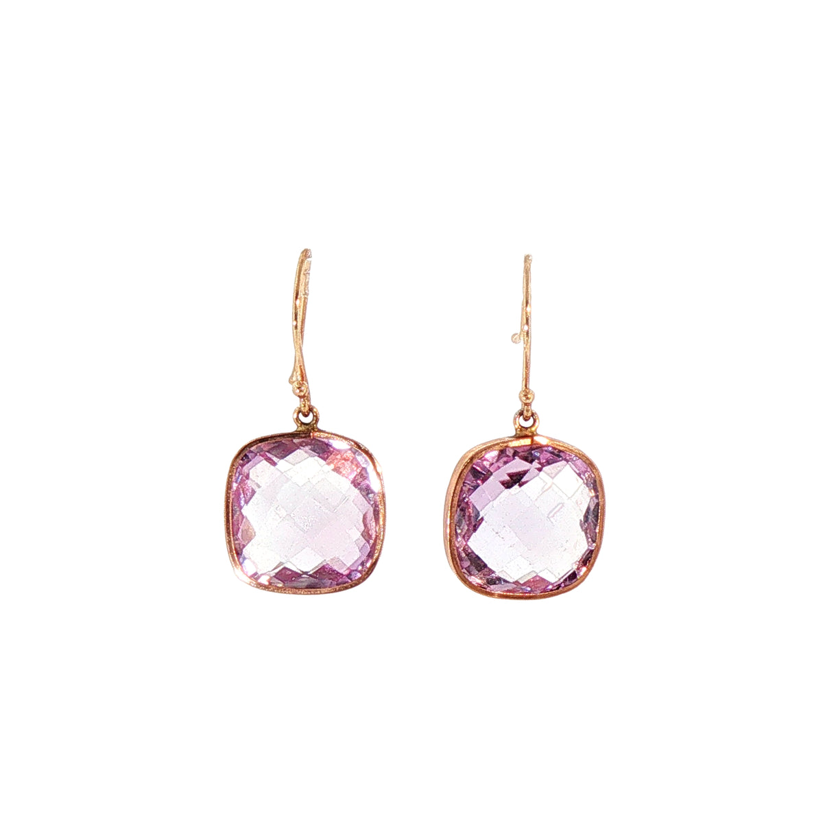 Pink Amethyst Set Cushion Drop Earrings in 14ct Rose Gold
