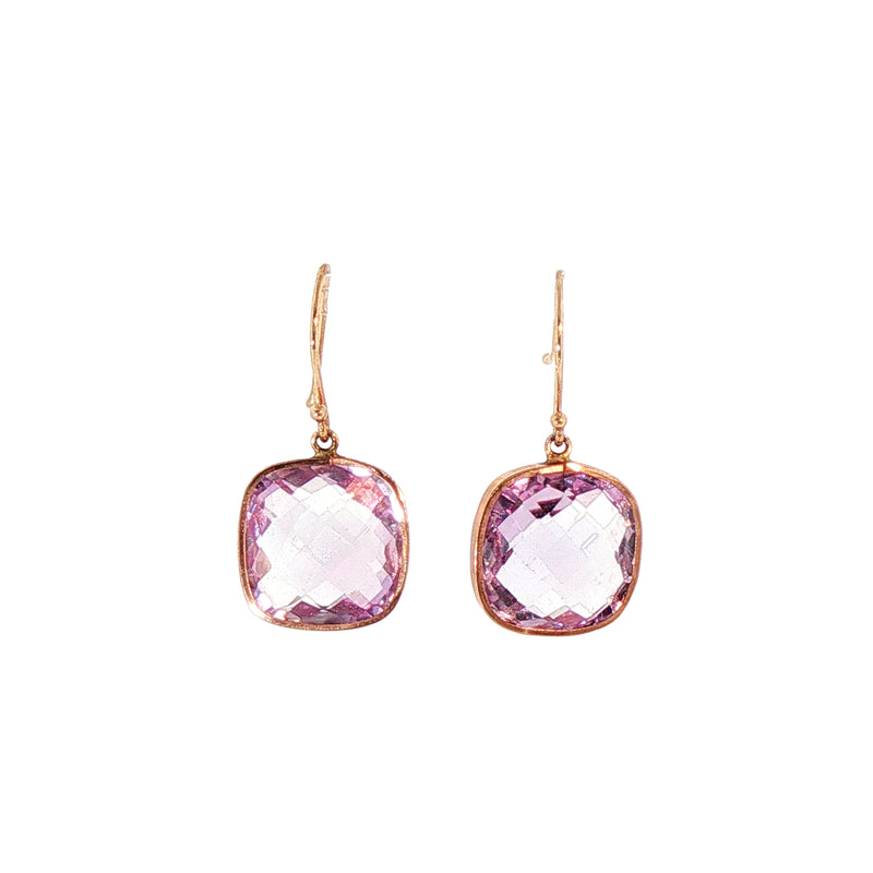 Pink Amethyst Set Cushion Drop Earrings in 14ct Rose Gold