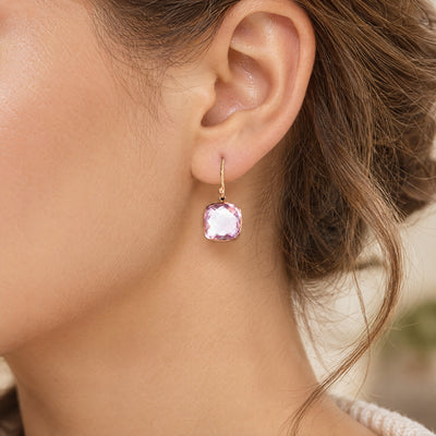 Pink Amethyst Set Cushion Drop Earrings in 14ct Rose Gold