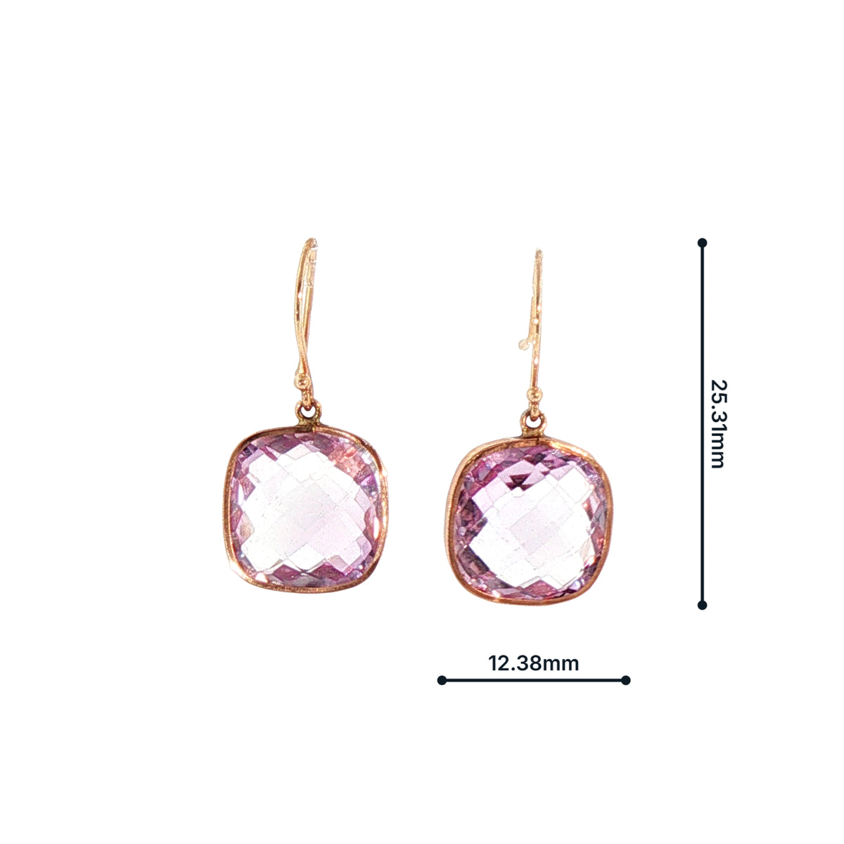 Pink Amethyst Set Cushion Drop Earrings in 14ct Rose Gold