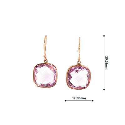 Pink Amethyst Set Cushion Drop Earrings in 14ct Rose Gold