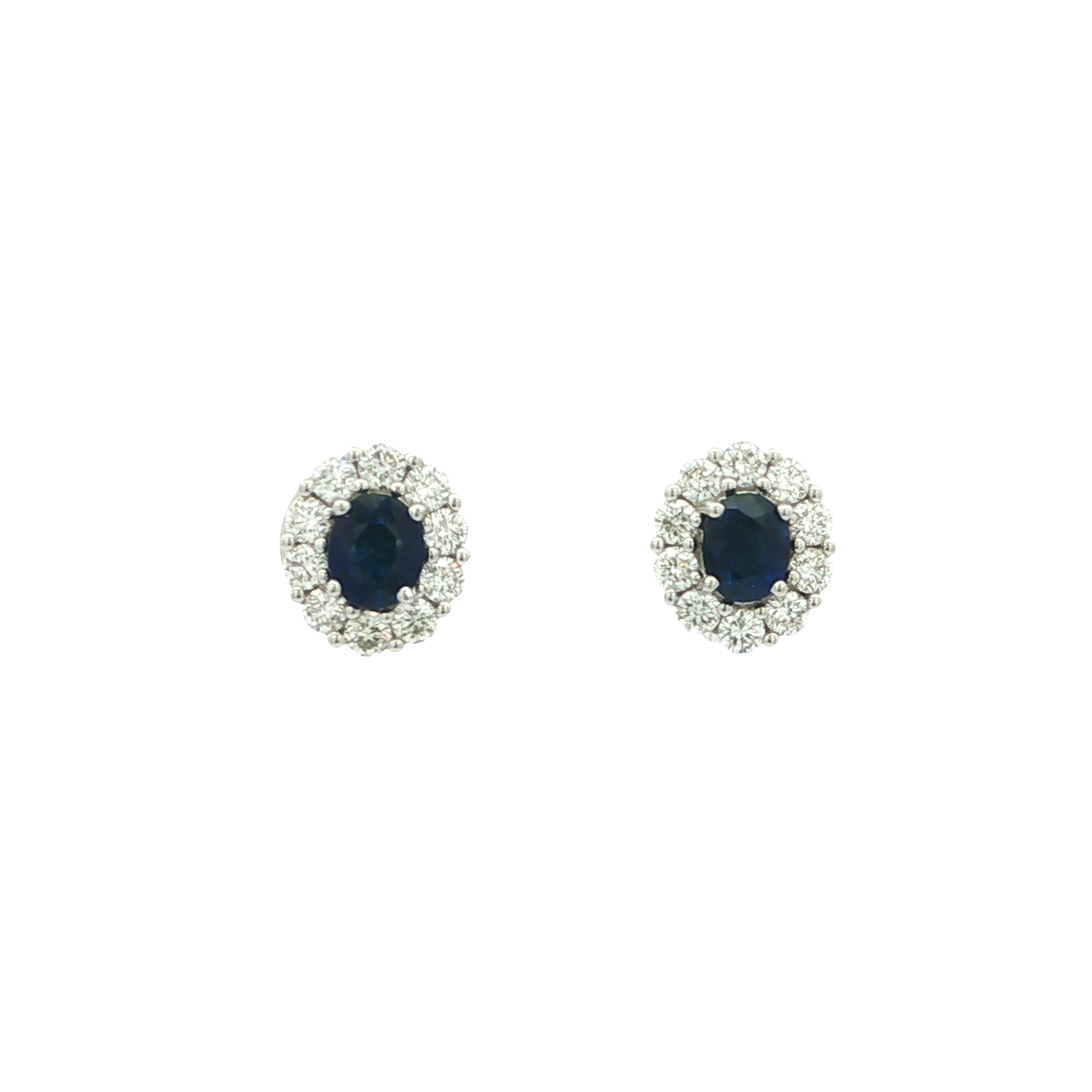 Deep Blue Sapphire & Natural Diamond Cluster Earrings in 18ct White Gold