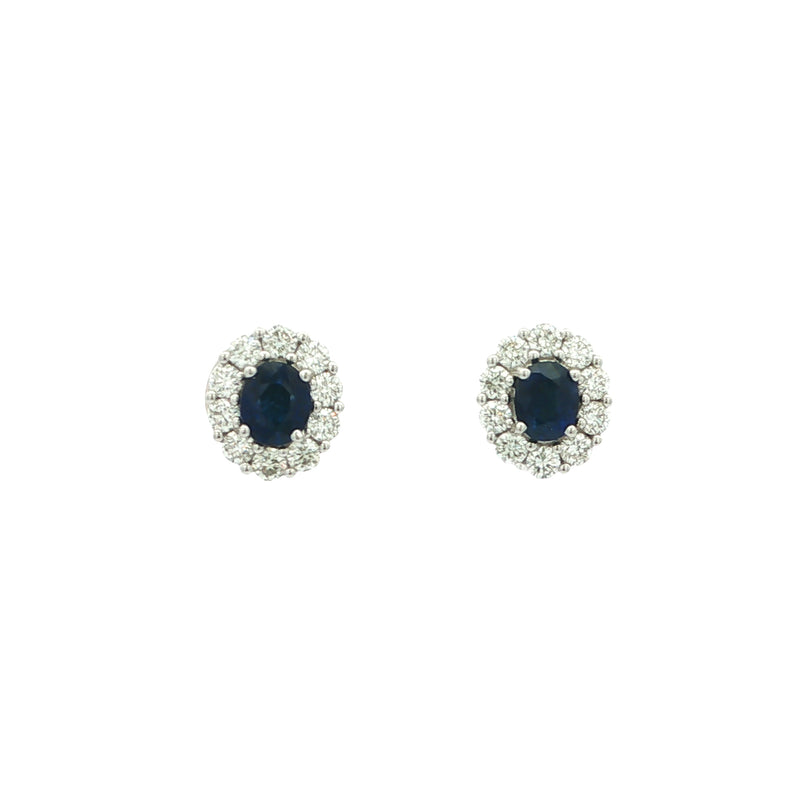 Deep Blue Sapphire & Natural Diamond Cluster Earrings in 18ct White Gold
