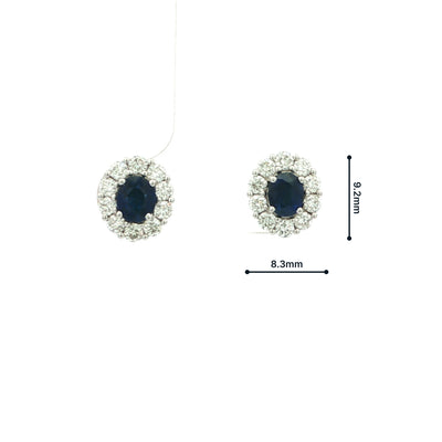 Deep Blue Sapphire & Natural Diamond Cluster Earrings in 18ct White Gold