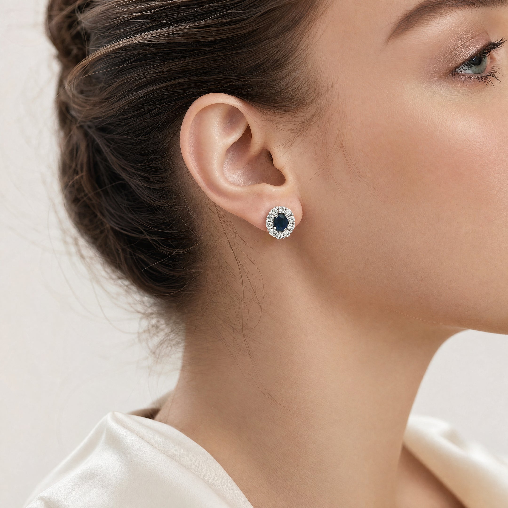 Deep Blue Sapphire & Natural Diamond Cluster Earrings in 18ct White Gold