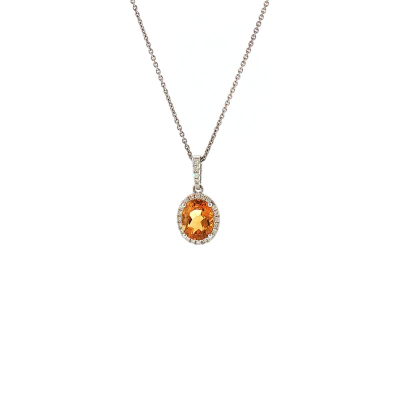 Oval Citrine & Natural Diamond Halo Pendant in 18ct White Gold