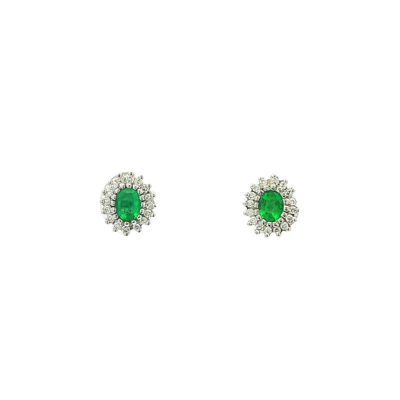 0.48ct Emerald & 0.17ct Natural Diamond Cluster Stud Earrings in 18ct White Gold