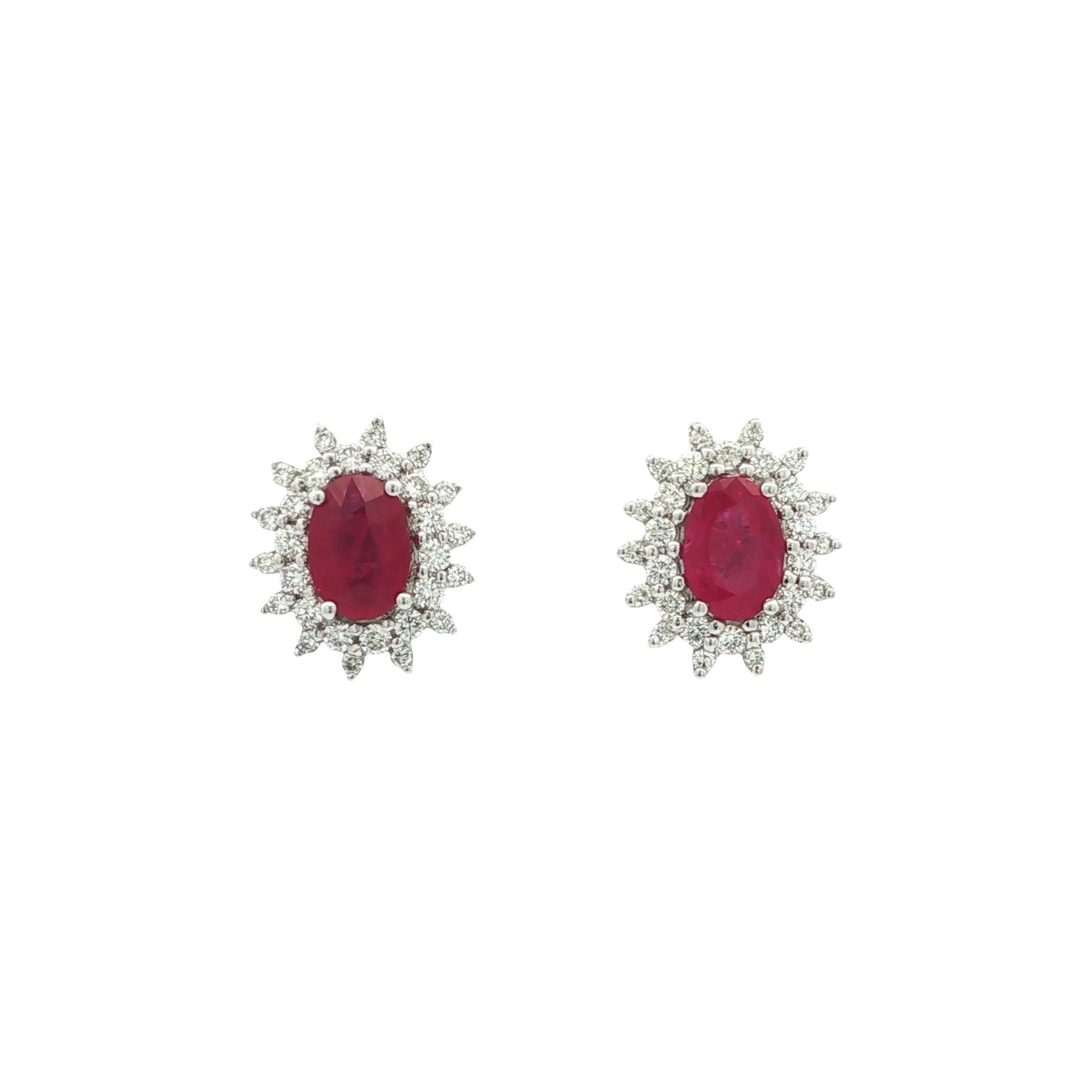 2.20ct Oval Ruby & 0.62ct Natural Diamond Cluster Earring in 18ct White Gold