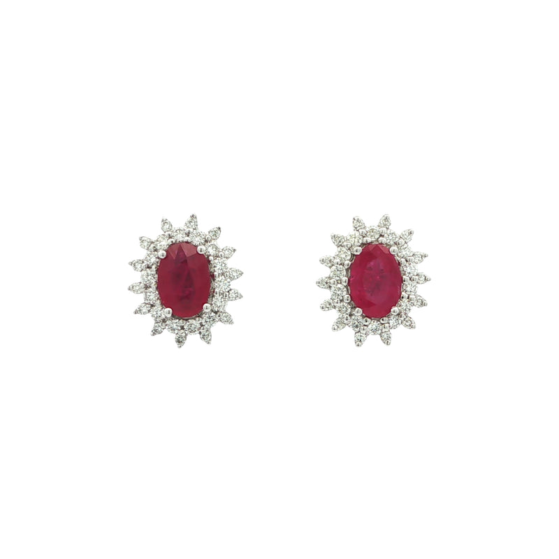 2.20ct Oval Ruby & 0.62ct Natural Diamond Cluster Earring in 18ct White Gold