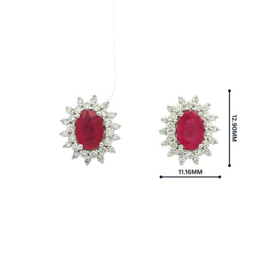 2.20ct Oval Ruby & 0.62ct Natural Diamond Cluster Earring in 18ct White Gold
