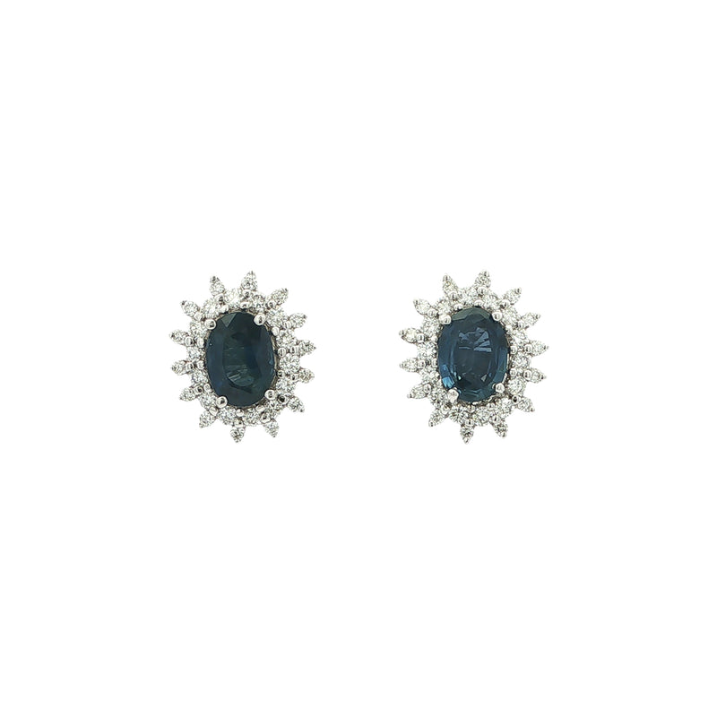 Royal Blue Sapphire and Natural Diamond Cluster Earrings In 18ct White Gold