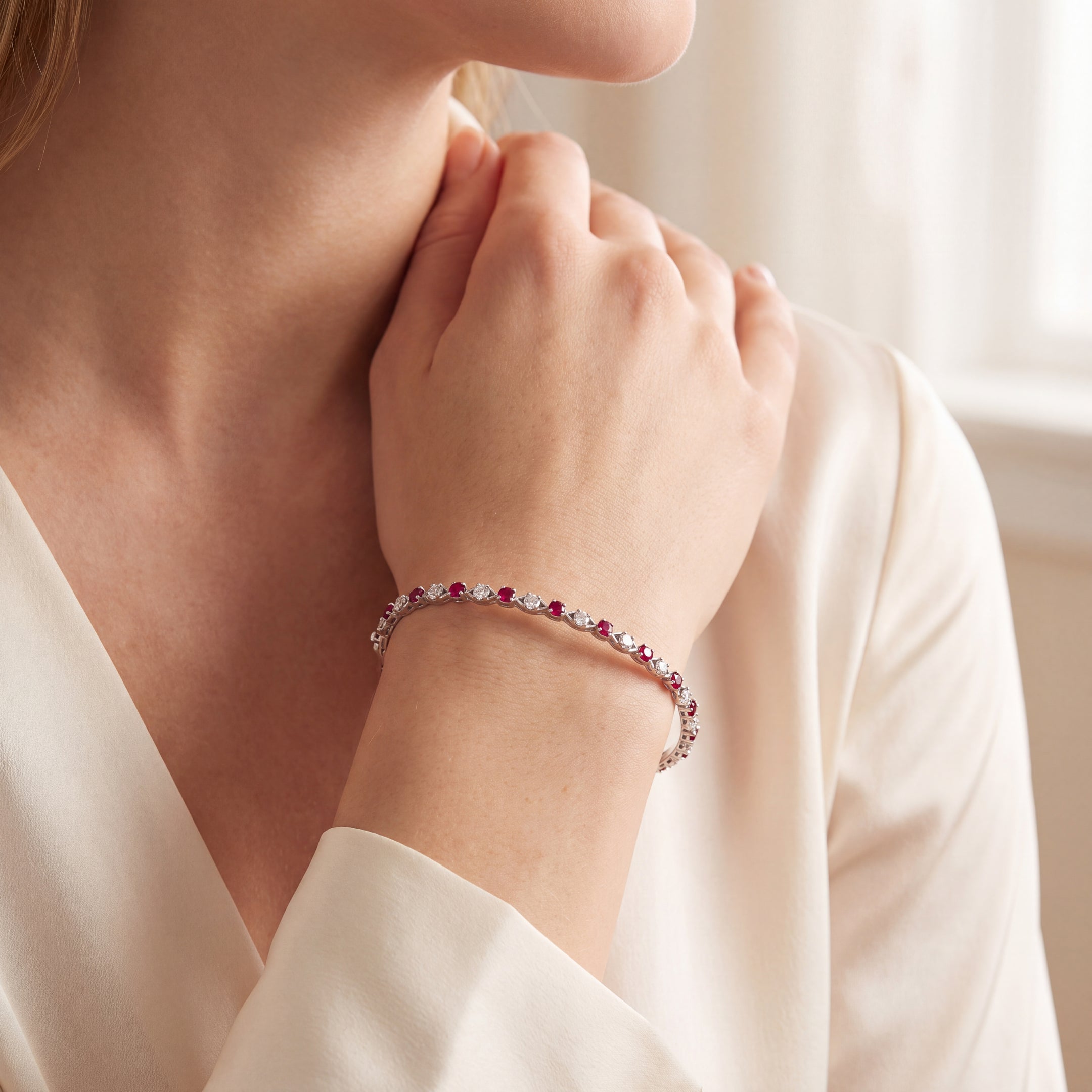 18ct White Gold Ruby and Natural Diamond Alternating Bangle