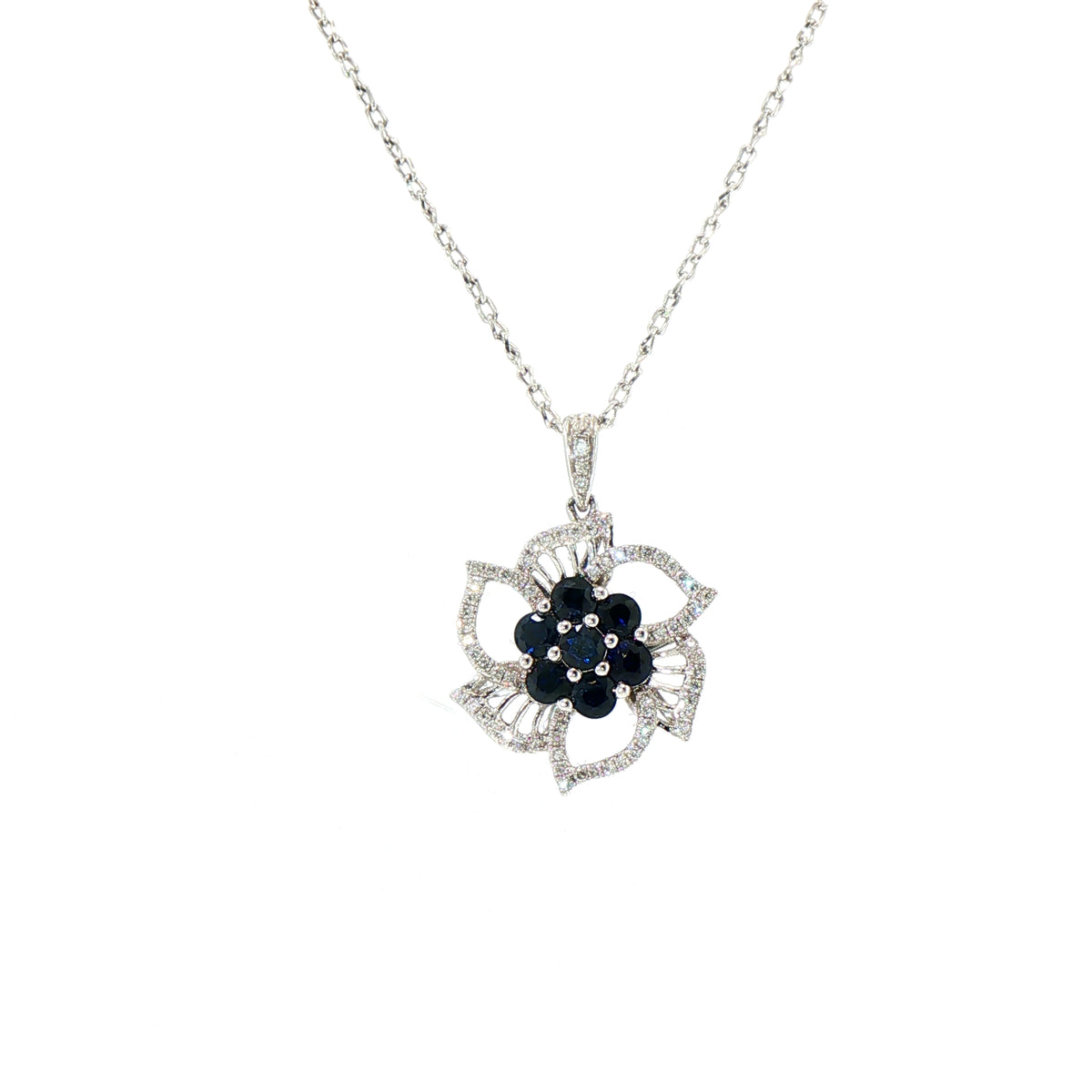 Deep Blue Sapphire Floral Natural Diamond Pendant in 18ct White Gold