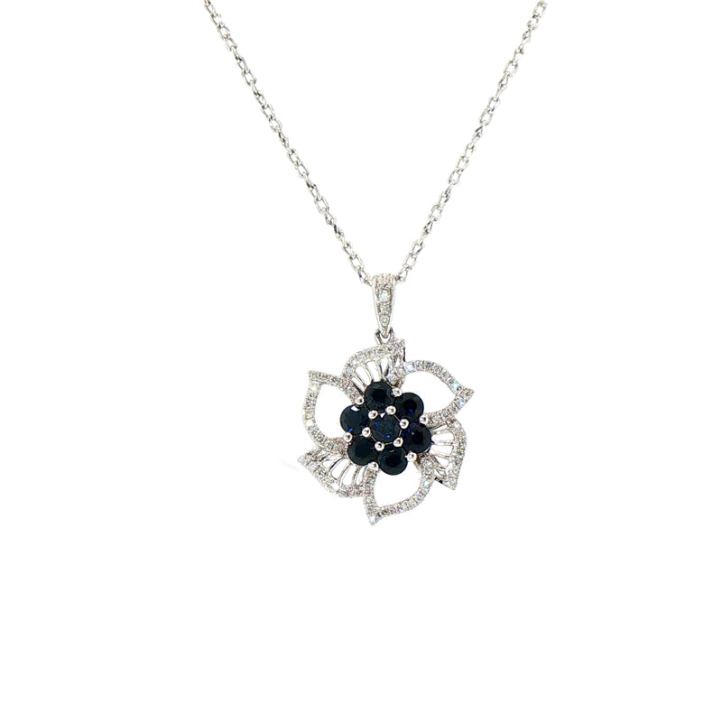 Deep Blue Sapphire Floral Natural Diamond Pendant in 18ct White Gold