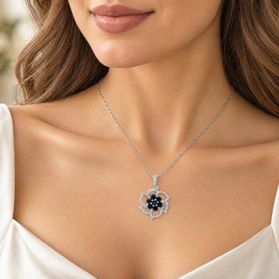 Deep Blue Sapphire Floral Natural Diamond Pendant in 18ct White Gold