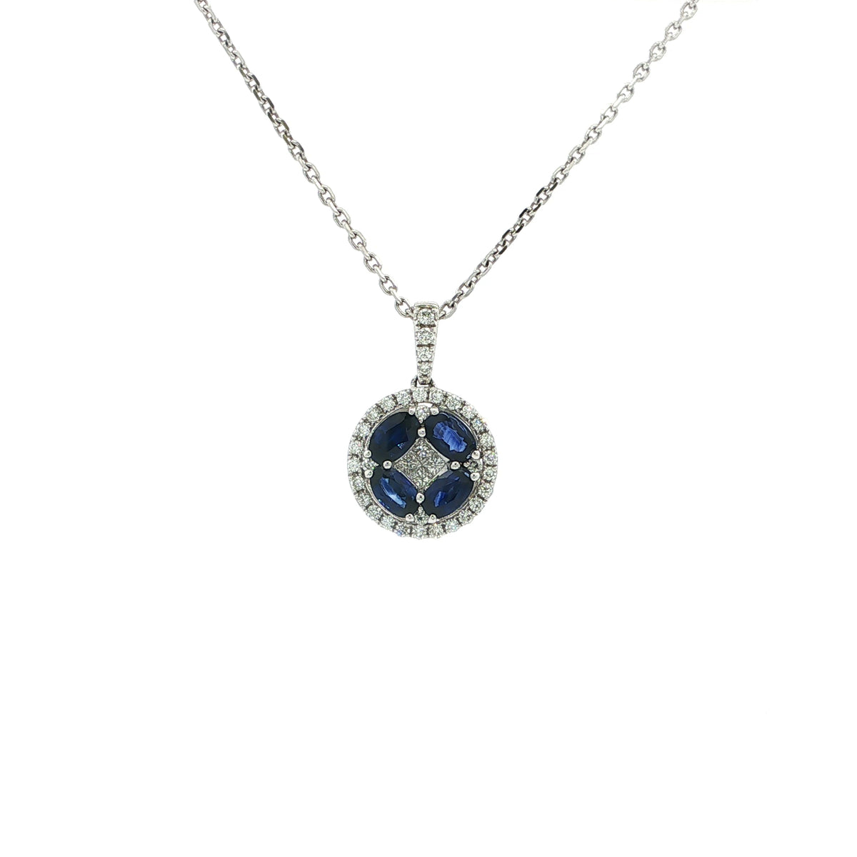 18ct White Gold Royal Blue Sapphire and Natural Diamond Round Fancy Pendant