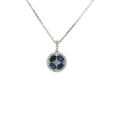 18ct White Gold Royal Blue Sapphire and Natural Diamond Round Fancy Pendant