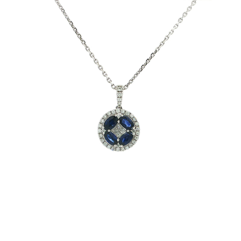 18ct White Gold Royal Blue Sapphire and Natural Diamond Round Fancy Pendant