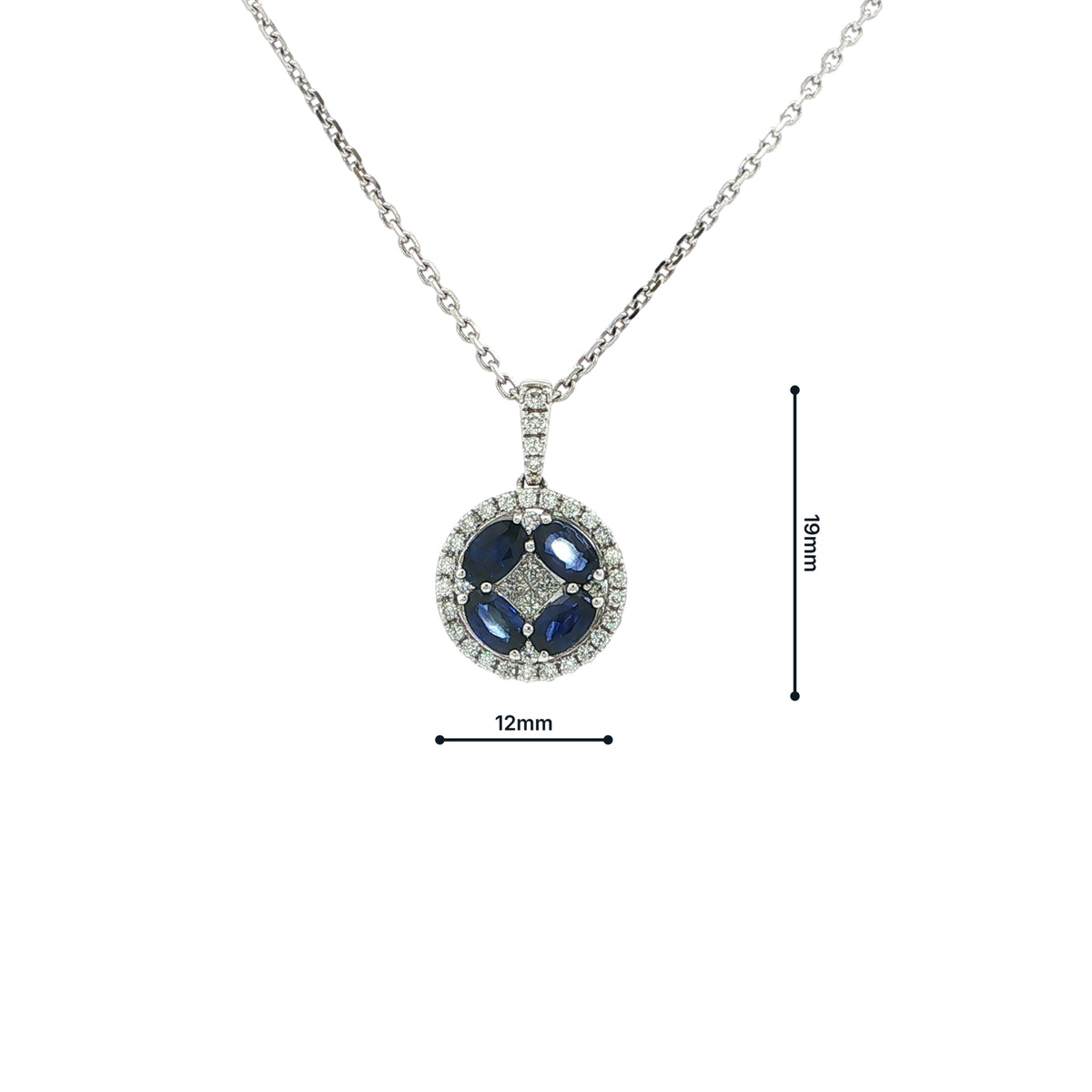 18ct White Gold Royal Blue Sapphire and Natural Diamond Round Fancy Pendant