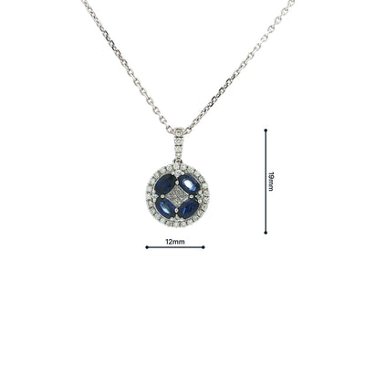 18ct White Gold Royal Blue Sapphire and Natural Diamond Round Fancy Pendant