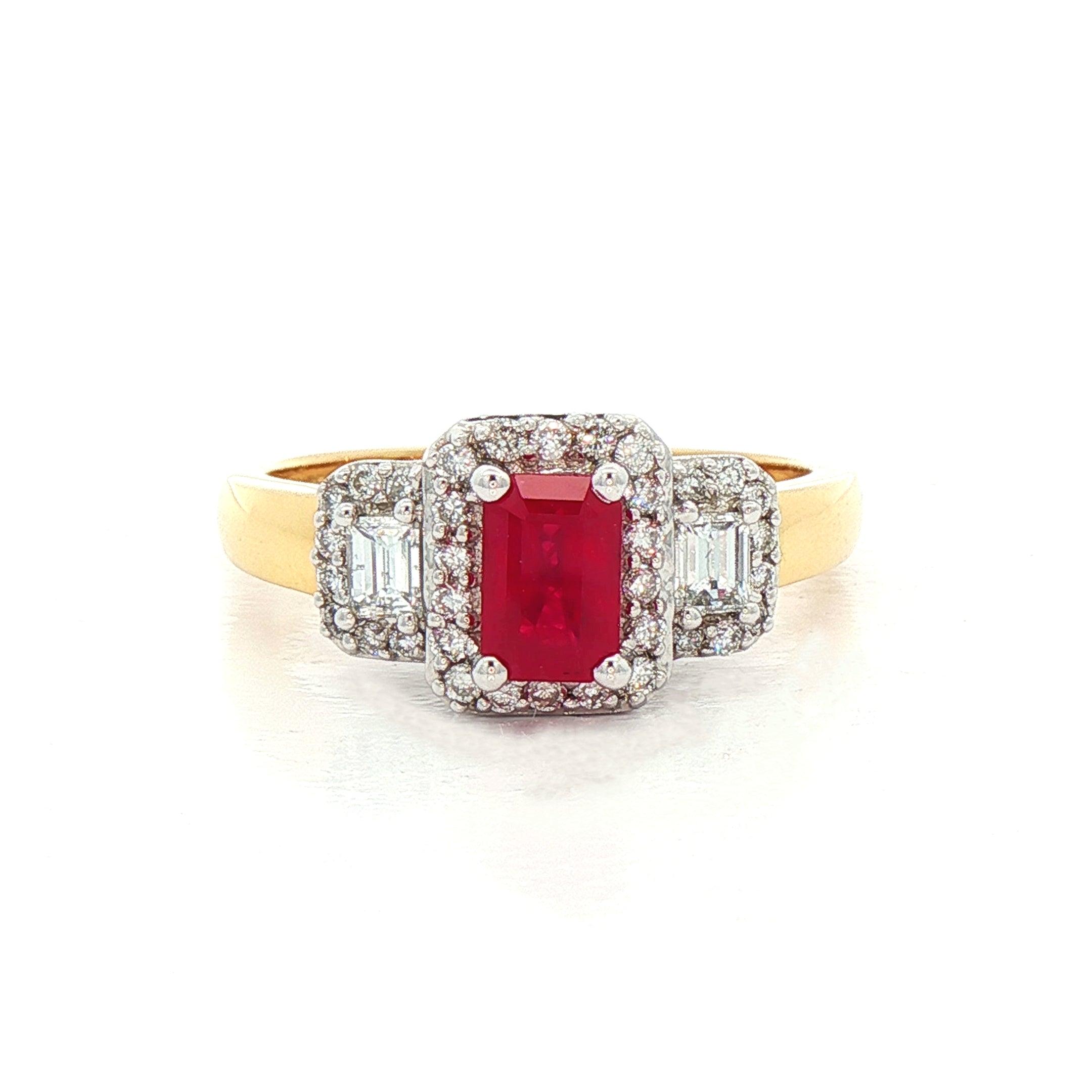 Ruby & Diamond Three Stone Ring in 18ct Gold