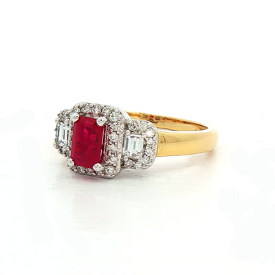 Ruby & Diamond Three Stone Ring in 18ct Gold