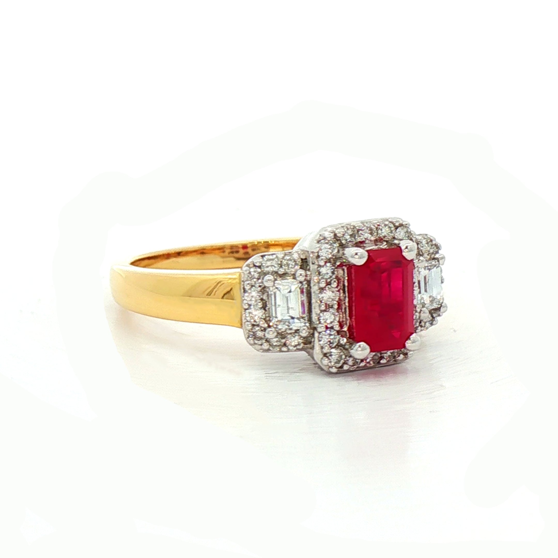 Ruby & Diamond Three Stone Ring in 18ct Gold