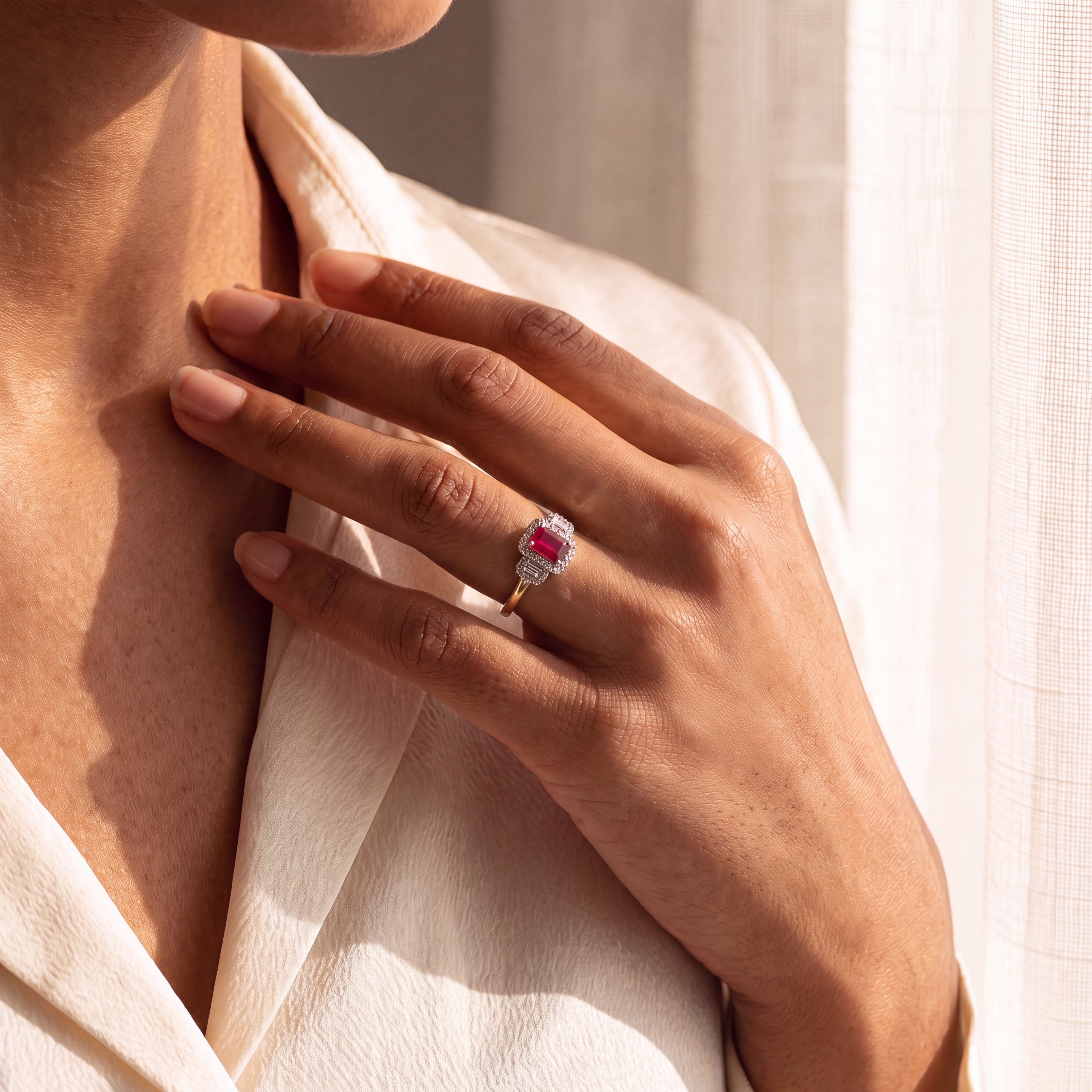 Ruby & Diamond Three Stone Ring in 18ct Gold