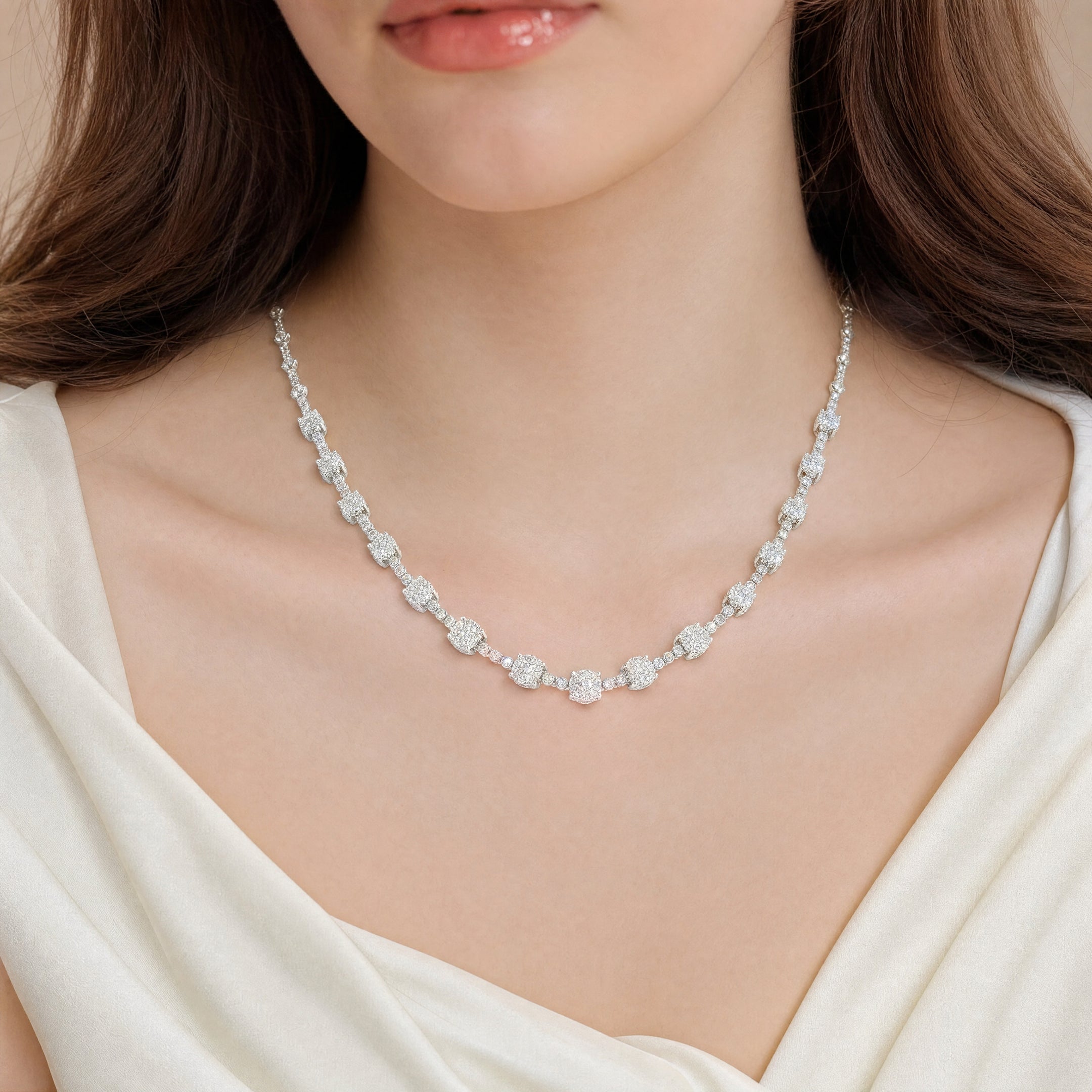 2.80ct F vs Natural Multi Stone Diamond Set Cluster Necklet in 18ct White Gold