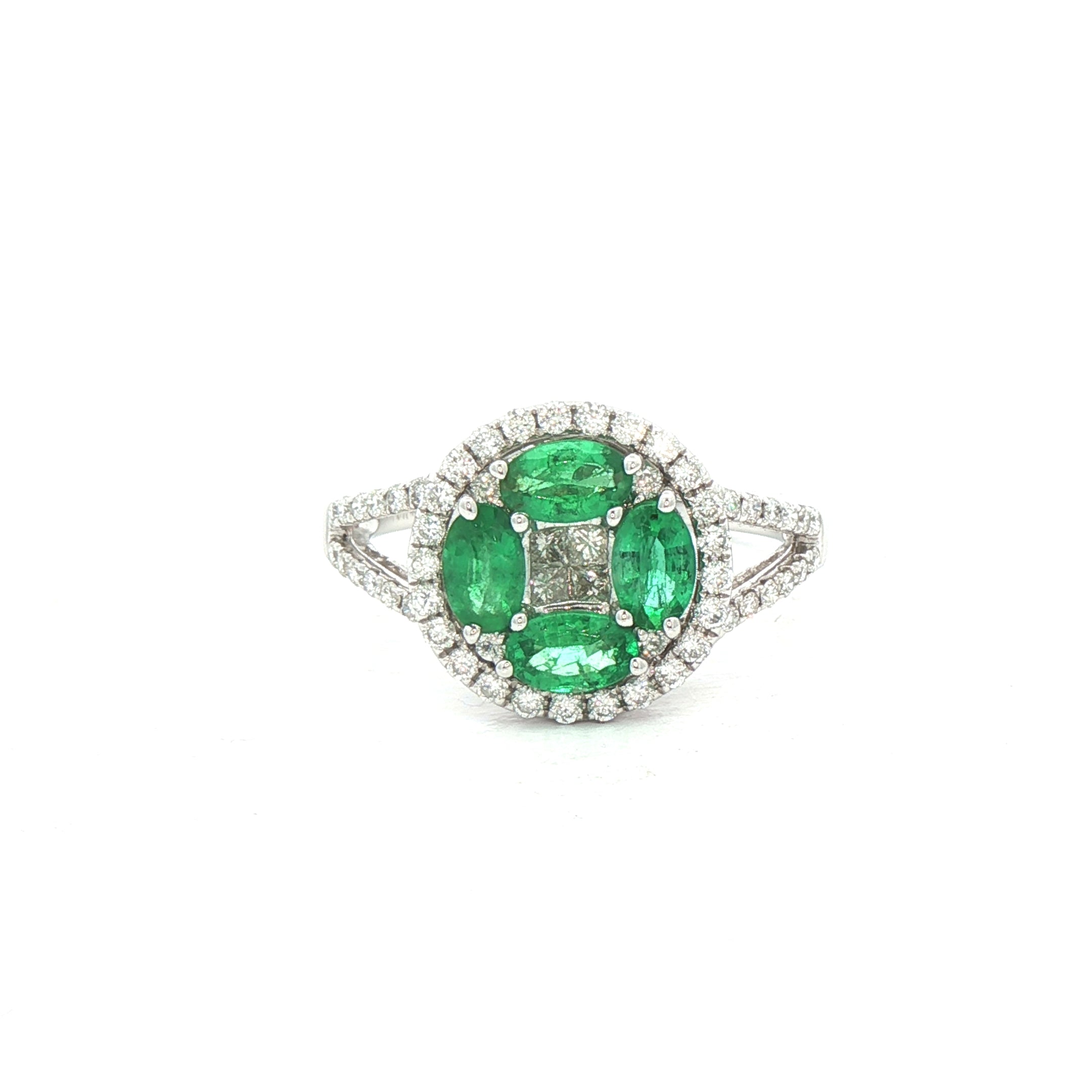 0.85ct Emerald & 0.56ct Natural Diamond Cluster with Split Shoulders Dress Ring in 18ct White Gold
