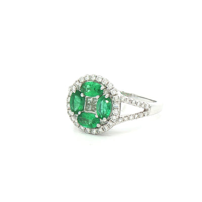 0.85ct Emerald & 0.56ct Natural Diamond Cluster with Split Shoulders Dress Ring in 18ct White Gold