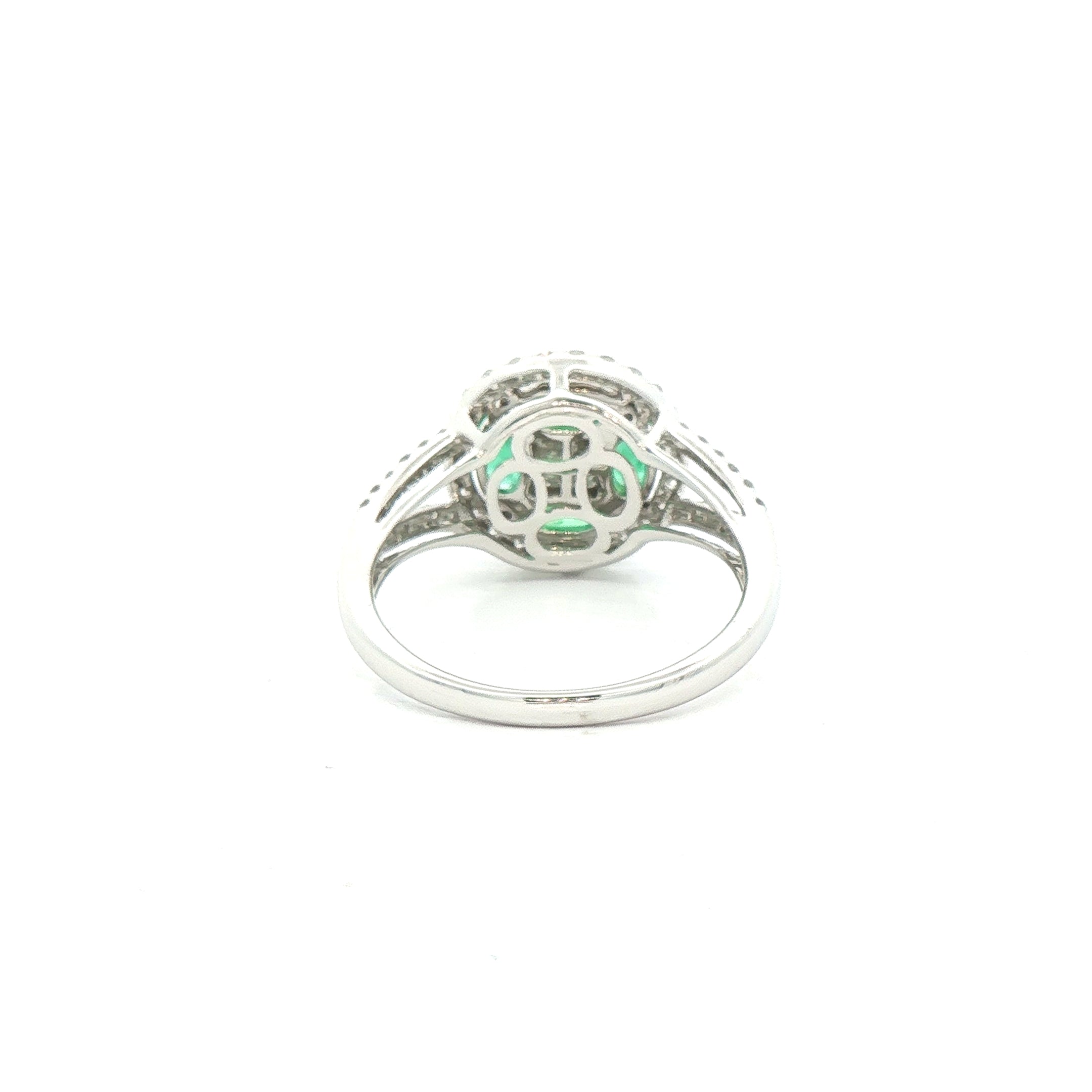 0.85ct Emerald & 0.56ct Natural Diamond Cluster with Split Shoulders Dress Ring in 18ct White Gold