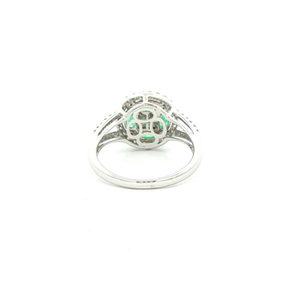 0.85ct Emerald & 0.56ct Natural Diamond Cluster with Split Shoulders Dress Ring in 18ct White Gold