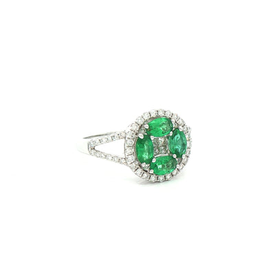 0.85ct Emerald & 0.56ct Natural Diamond Cluster with Split Shoulders Dress Ring in 18ct White Gold