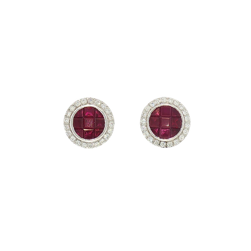 Ruby and Natural Diamond Cluster Stud Earrings in 18ct White Gold