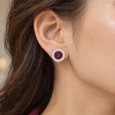 Ruby and Natural Diamond Cluster Stud Earrings in 18ct White Gold