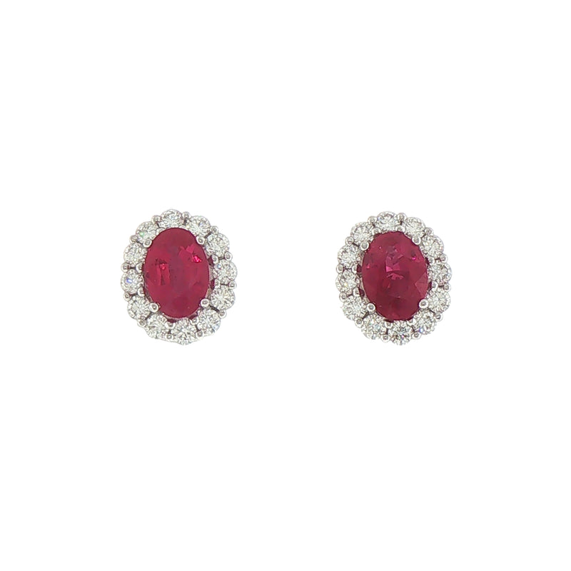Oval Ruby and Natural Diamond Halo Earrings in 18ct White Gold