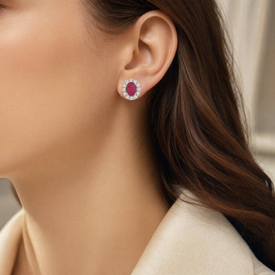 Oval Ruby and Natural Diamond Halo Earrings in 18ct White Gold