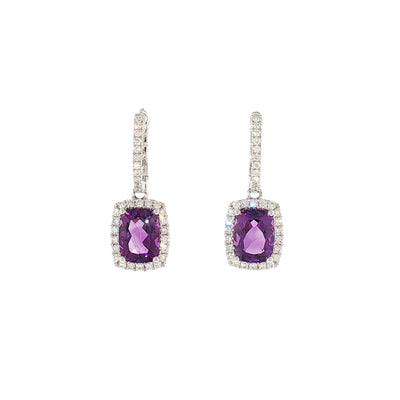 Amethyst and Natural Diamond Halo Drop Earrings 18ct White Gold