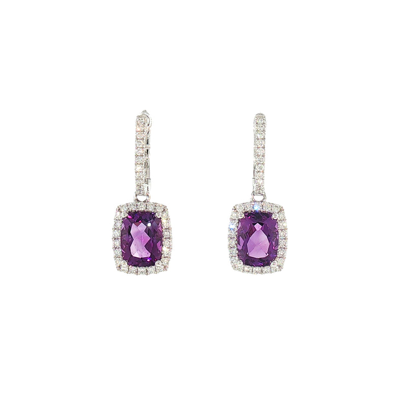 Amethyst and Natural Diamond Halo Drop Earrings 18ct White Gold