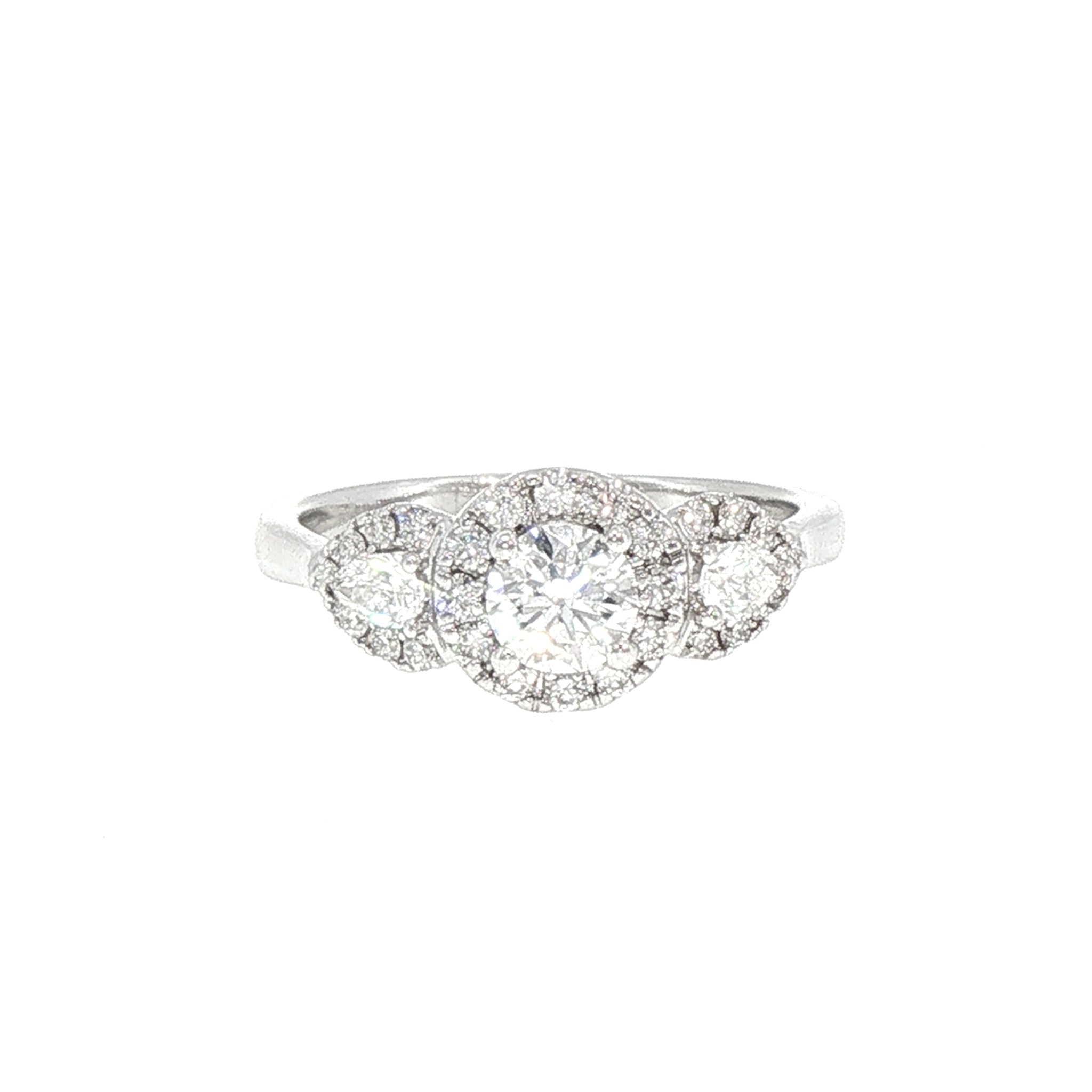 0.81ct E Vs2 Natural Diamond Three Stone Round & Pear Halo in 18ct White Gold