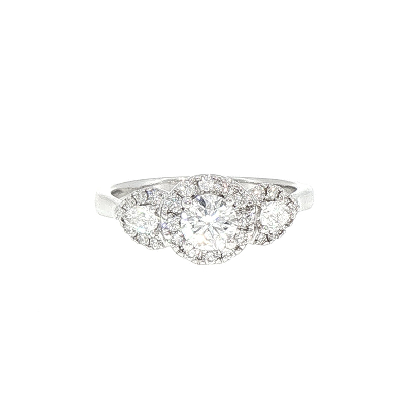 0.81ct E Vs2 Natural Diamond Three Stone Round & Pear Halo in 18ct White Gold