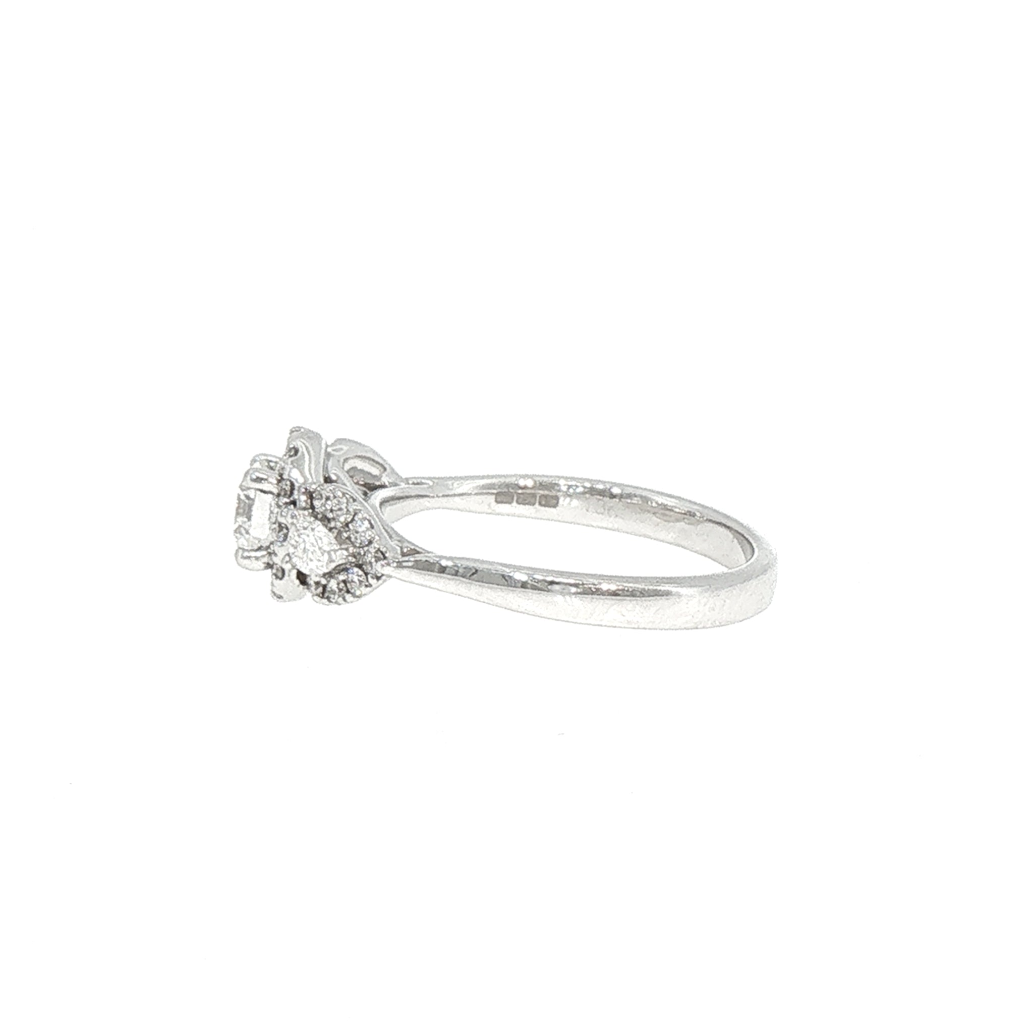 0.81ct E Vs2 Natural Diamond Three Stone Round & Pear Halo in 18ct White Gold
