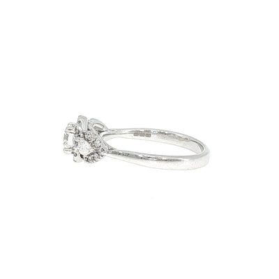 0.81ct E Vs2 Natural Diamond Three Stone Round & Pear Halo in 18ct White Gold